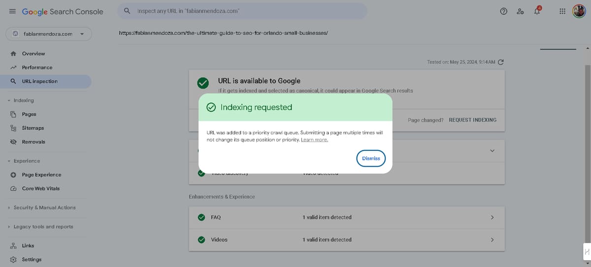 Google Search Console indexing process indexing request