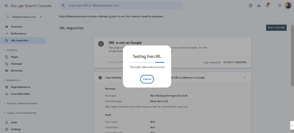 Google Search Console indexing process test live URL